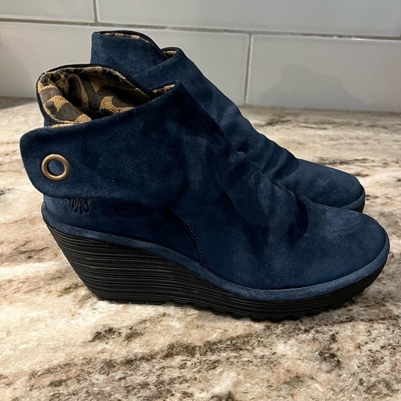 Fly London Shoes - FLY LONDON YEBI Blue Suede Back Tie Closure Ankle Wedge Heel Booties 6.5 US